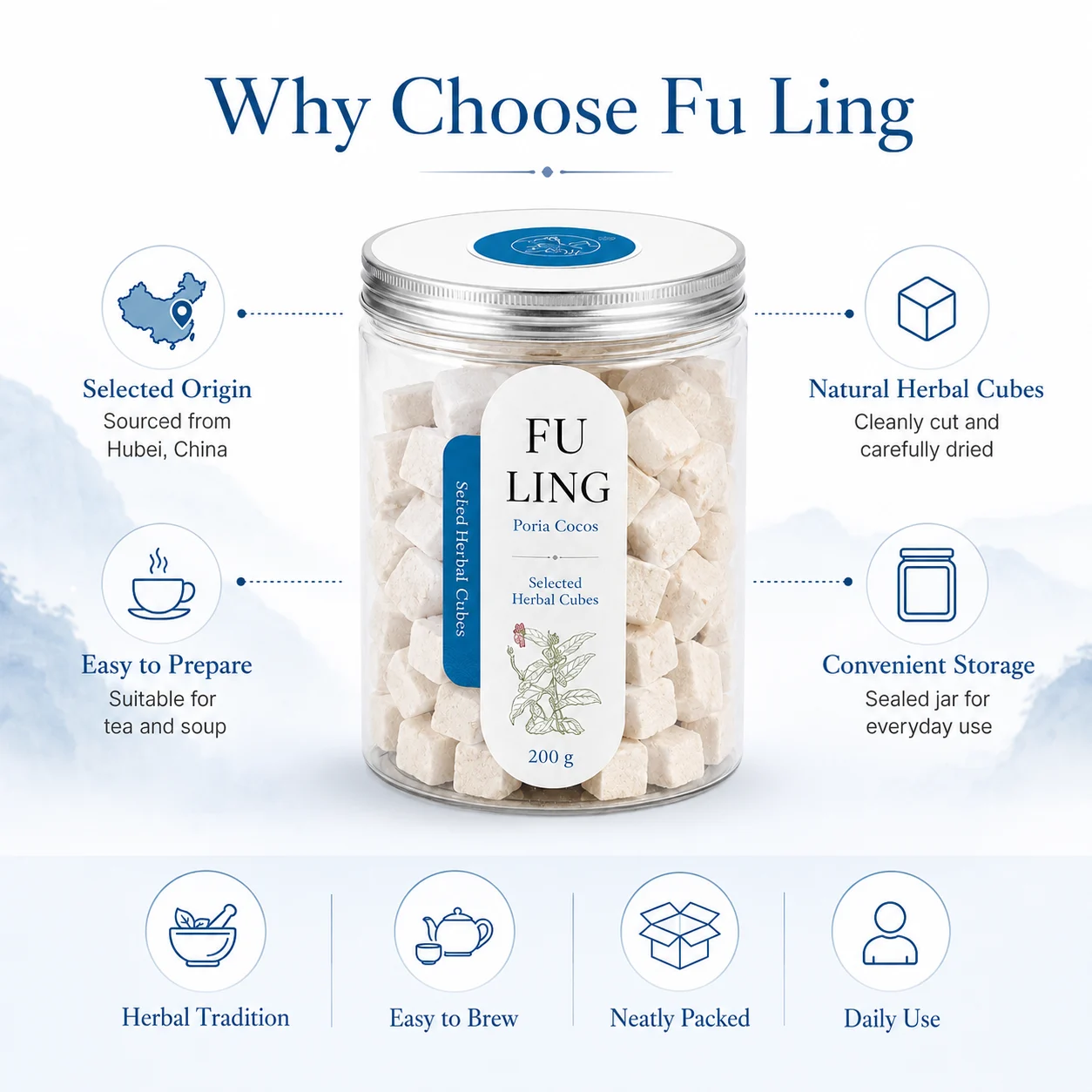 KUNYON Yu Chen Poria Cocos Tablets, made from natural Poria cocos, a traditional herbal ingredient, are used in teas and beverages. product detail
