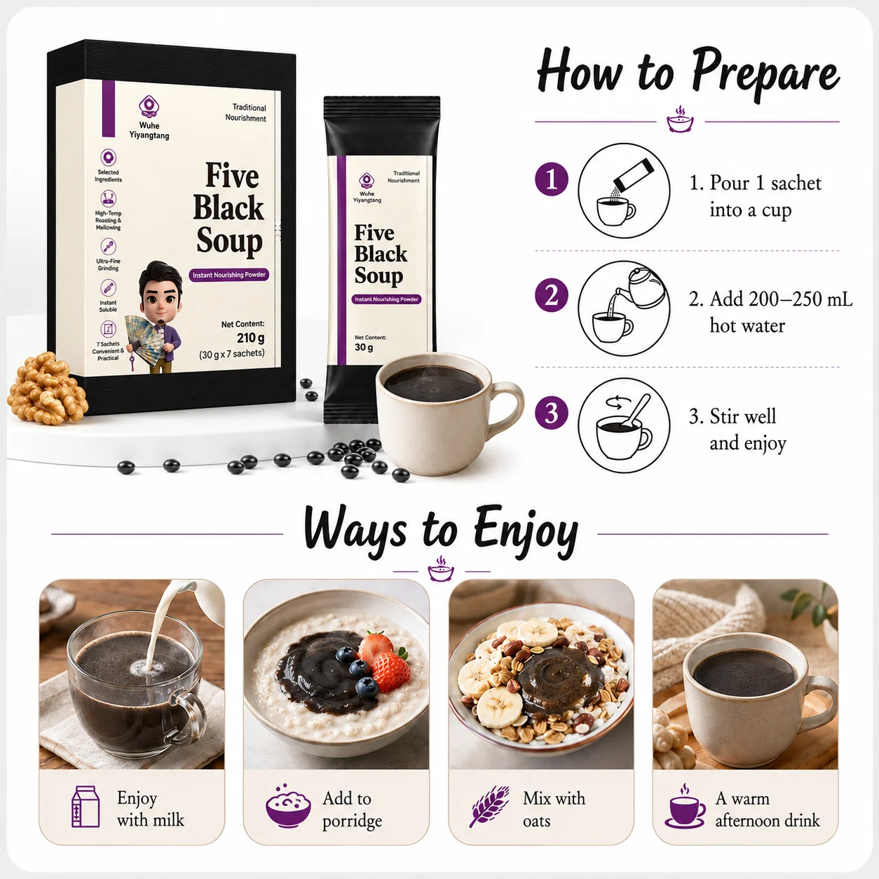 KUNYON Five Black Herbal Powder, a men's herbal mixed beverage, an instant nourishing drink suitable for daily health consumption. product detail
