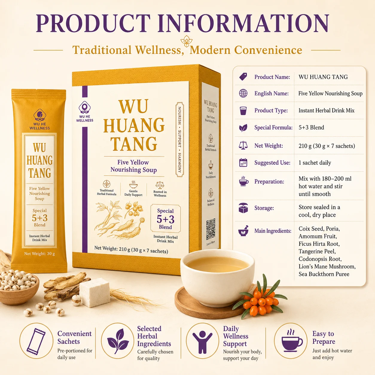Wu Huang Tang Five Yellow Nourishing Soup – 5+3 Instant Herbal Drink Mix product detail