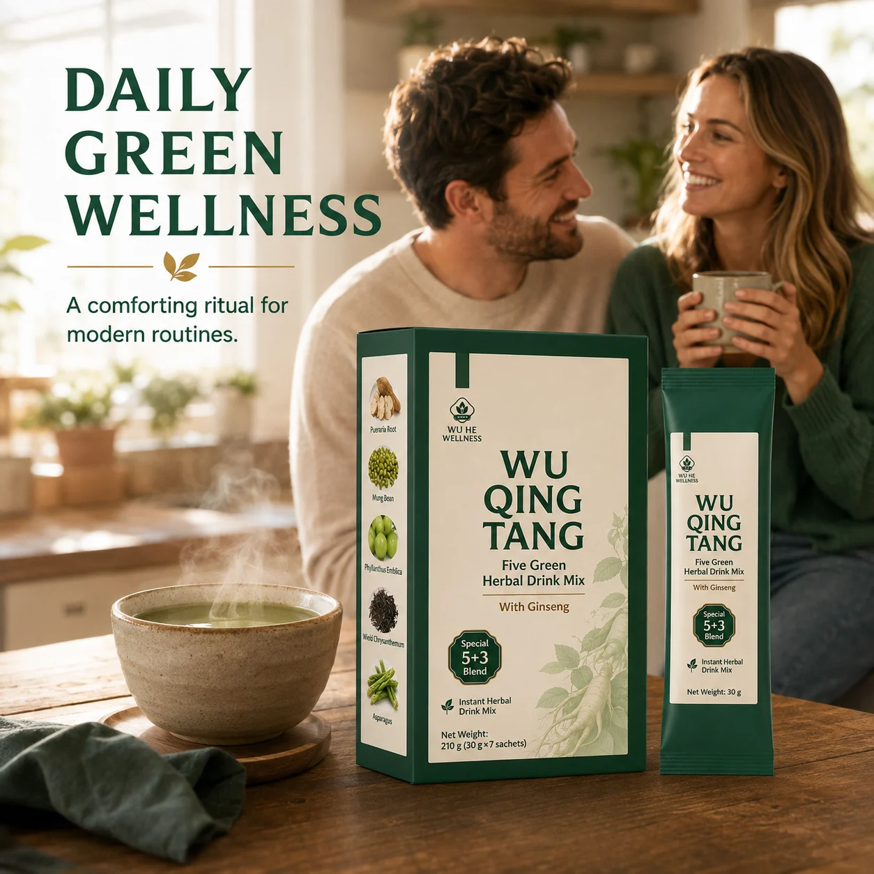 Five-Herb Beverage, containing ginseng, is a mixed herbal instant beverage suitable for daily health maintenance.