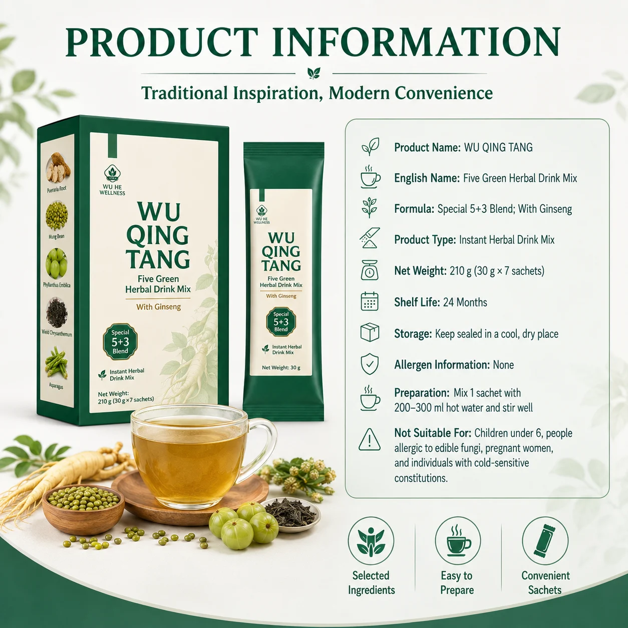 Five-Herb Beverage, containing ginseng, is a mixed herbal instant beverage suitable for daily health maintenance. product detail