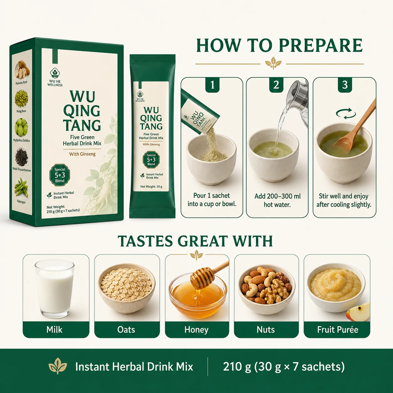 Five-Herb Beverage, containing ginseng, is a mixed herbal instant beverage suitable for daily health maintenance. product detail