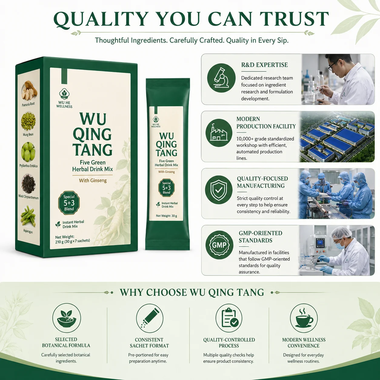 Five-Herb Beverage, containing ginseng, is a mixed herbal instant beverage suitable for daily health maintenance. product detail