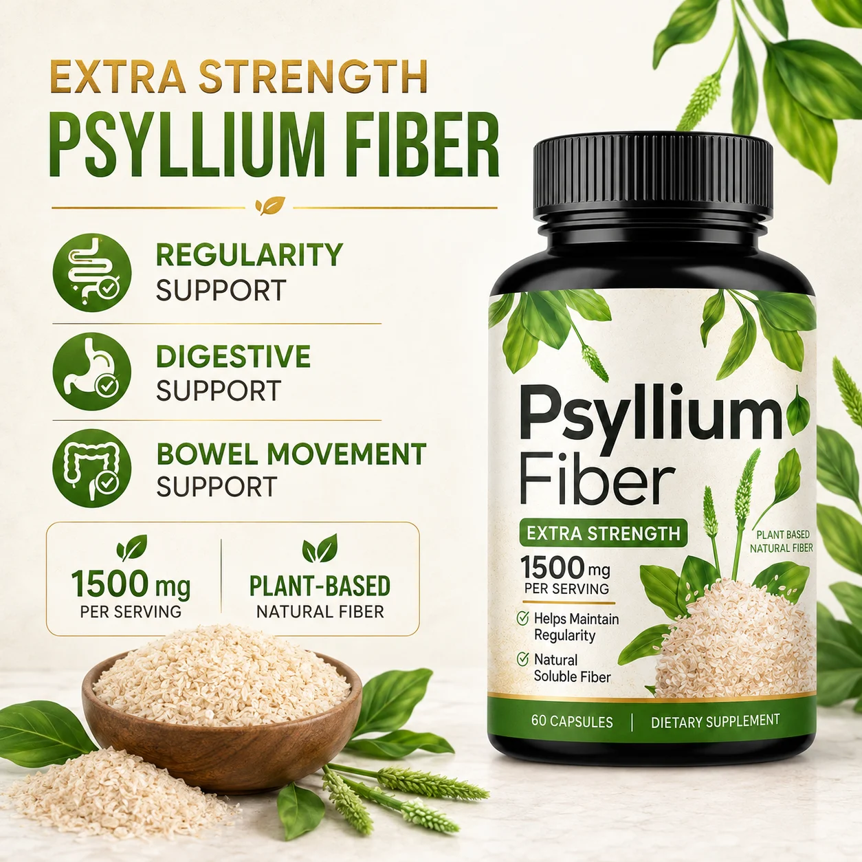 Psyllium Fiber Capsules – Extra Strength 1500 mg Plant-Based Soluble Fiber, 60 Capsules product detail
