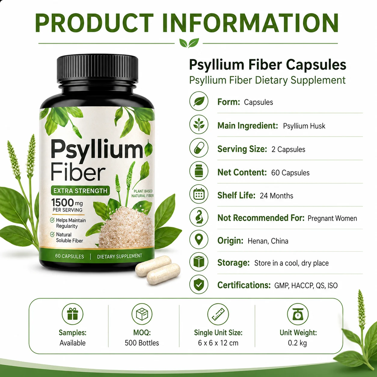 Psyllium Fiber Capsules – Extra Strength 1500 mg Plant-Based Soluble Fiber, 60 Capsules product detail