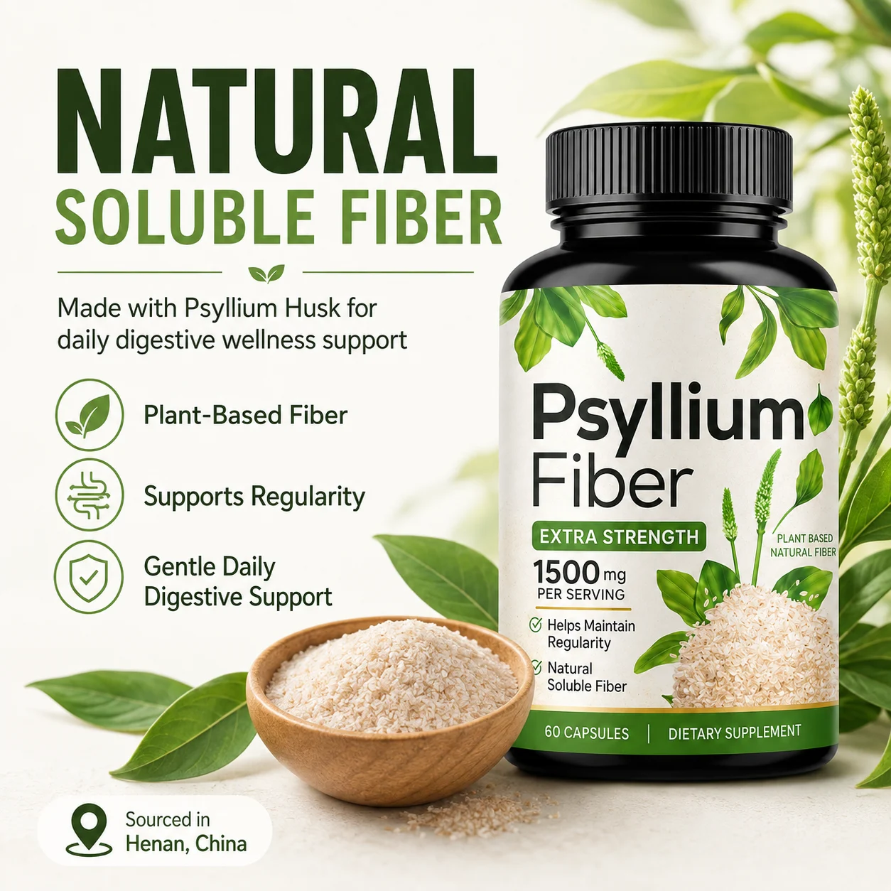 Psyllium Fiber Capsules – Extra Strength 1500 mg Plant-Based Soluble Fiber, 60 Capsules product detail