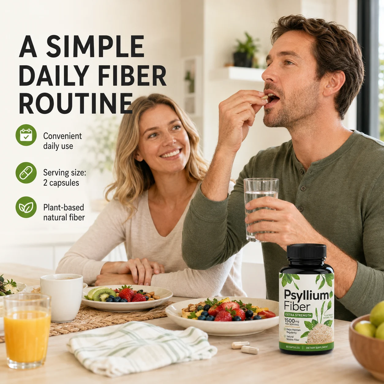 Psyllium Fiber Capsules – Extra Strength 1500 mg Plant-Based Soluble Fiber, 60 Capsules product detail