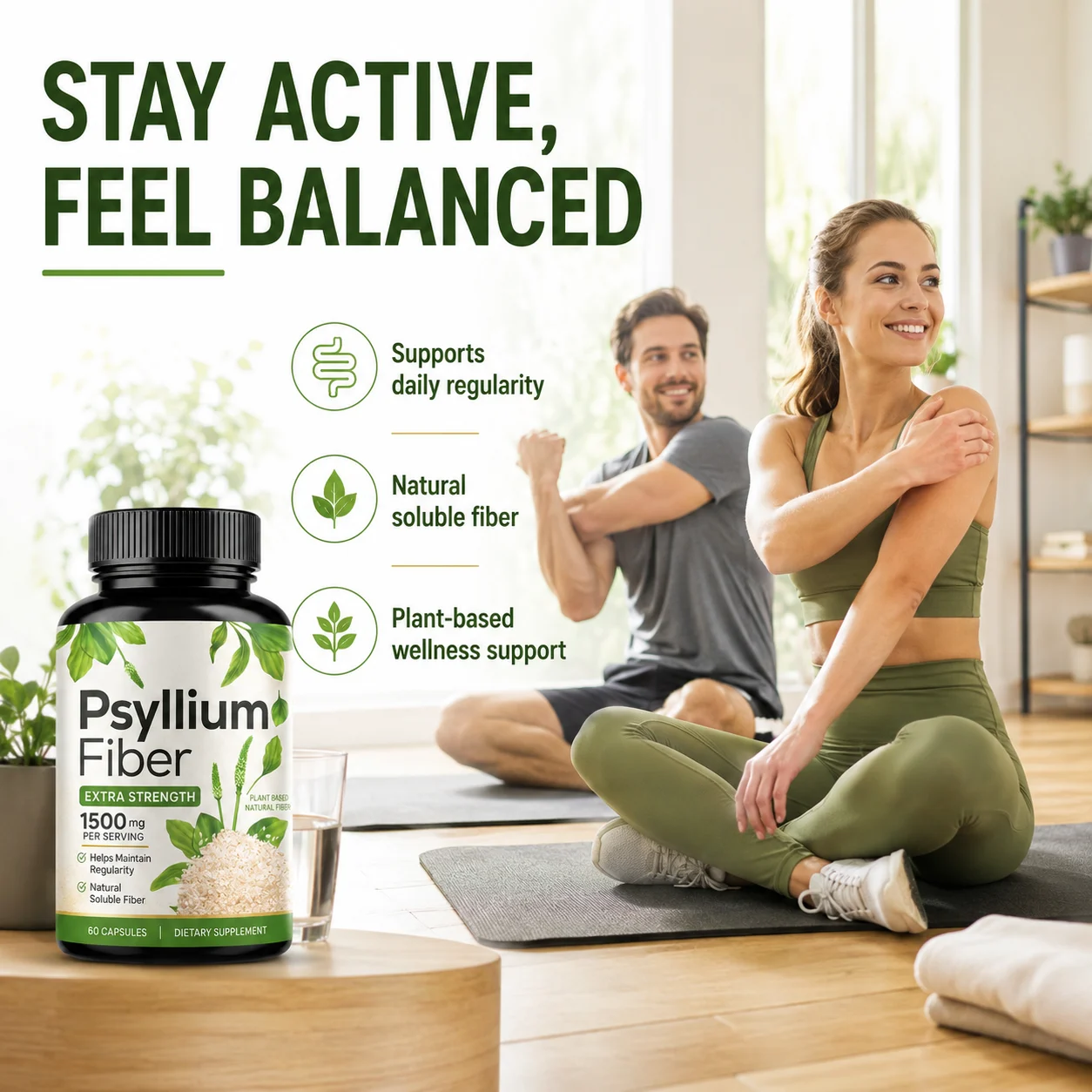 Psyllium Fiber Capsules – Extra Strength 1500 mg Plant-Based Soluble Fiber, 60 Capsules product detail