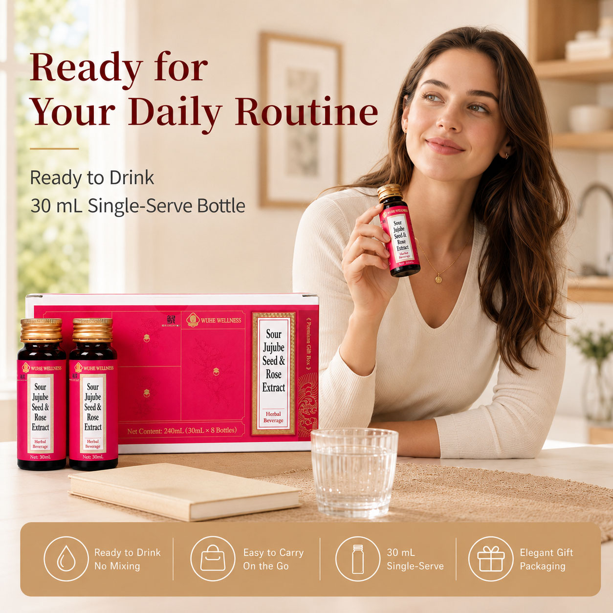 WUHE Sour Jujube Seed & Rose Extract – Nighttime Botanical Wellness Drink, 30 mL × 8 Bottles