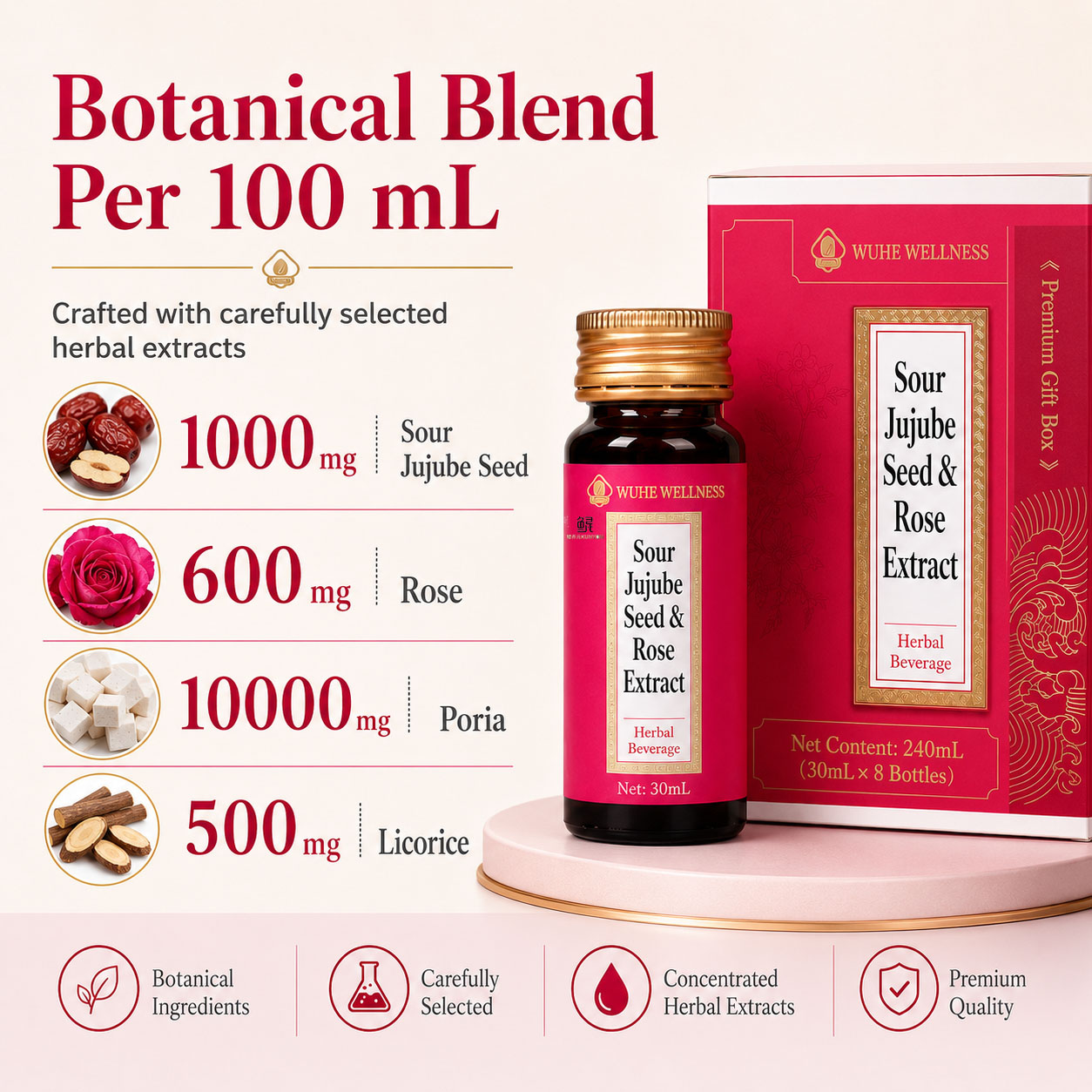 WUHE Sour Jujube Seed & Rose Extract – Nighttime Botanical Wellness Drink, 30 mL × 8 Bottles product detail