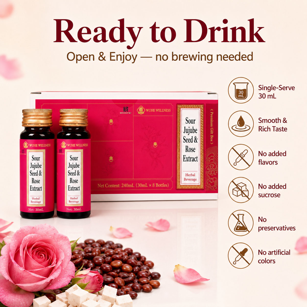 WUHE Sour Jujube Seed & Rose Extract – Nighttime Botanical Wellness Drink, 30 mL × 8 Bottles product detail