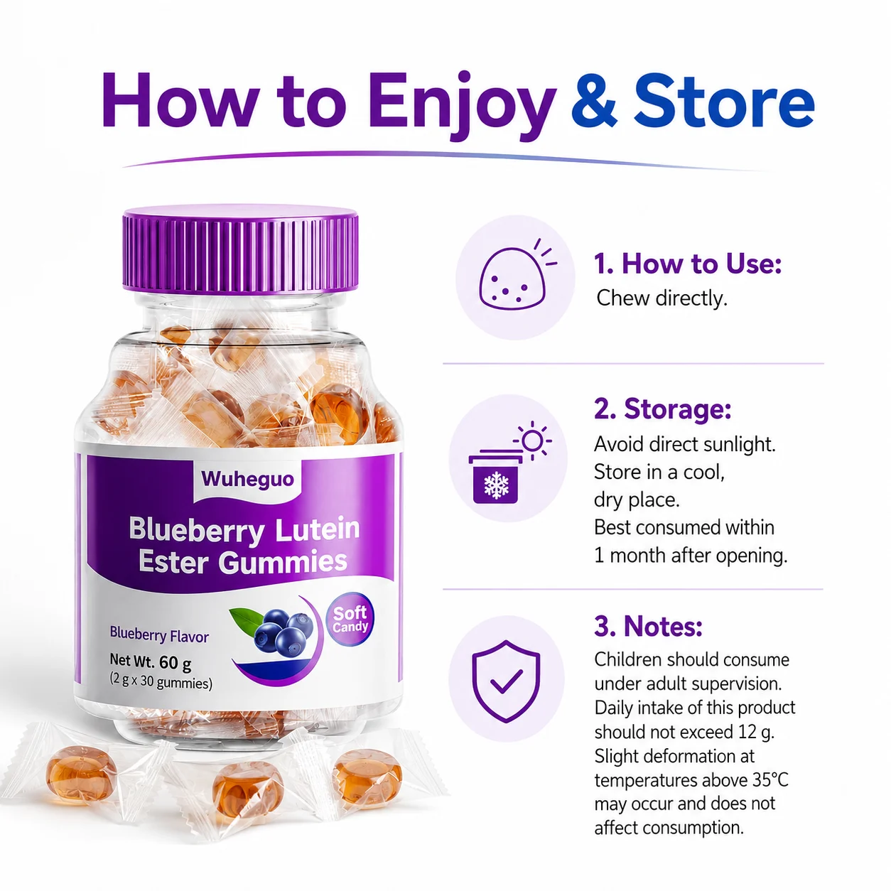 Wuheguo Blueberry Lutein Ester Gummies – Blueberry Flavor, 60 g / 30 Gummies product detail