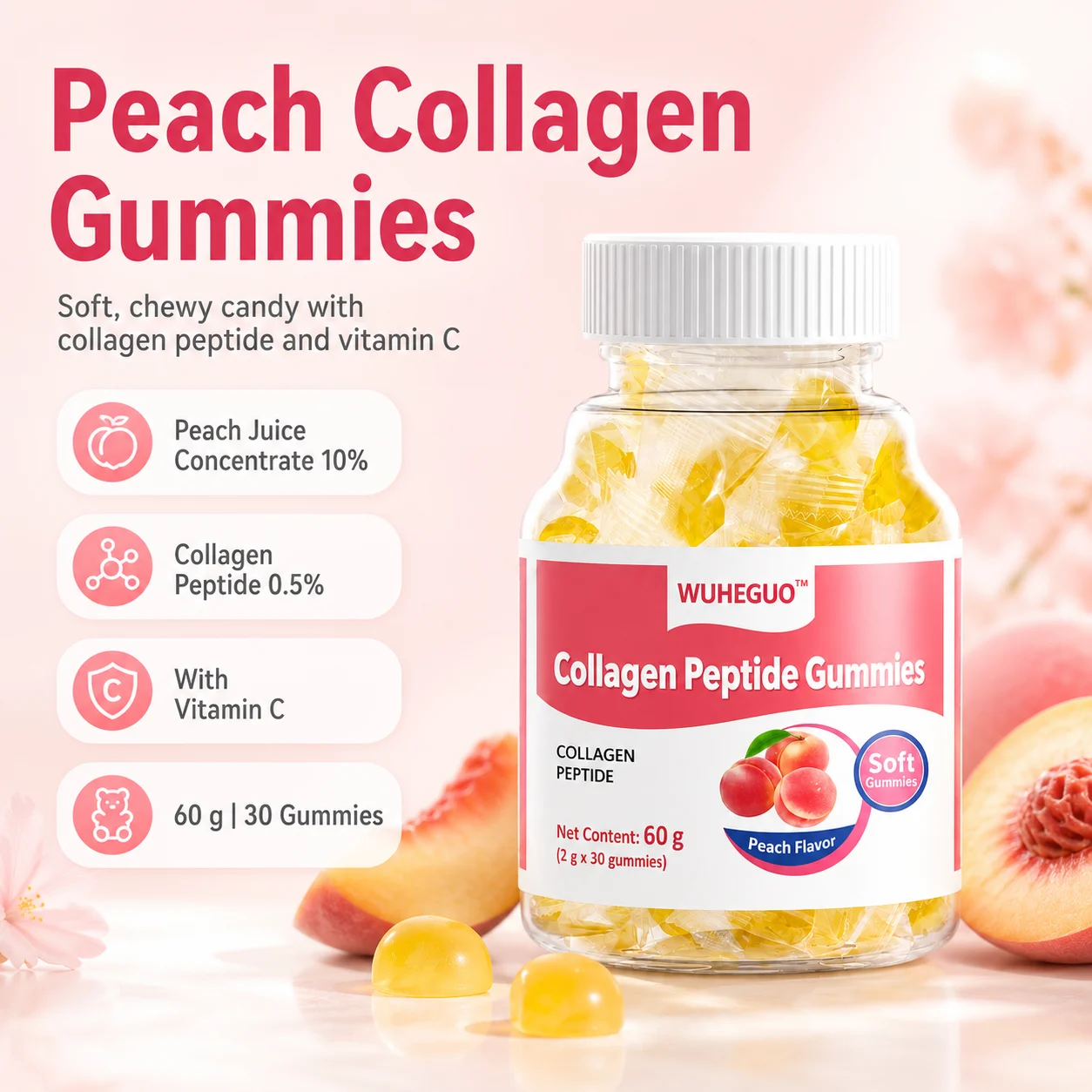WUHEGUO Collagen Peptide Gummies – Peach Flavor Soft Gummies for Beauty & Daily Wellness product detail
