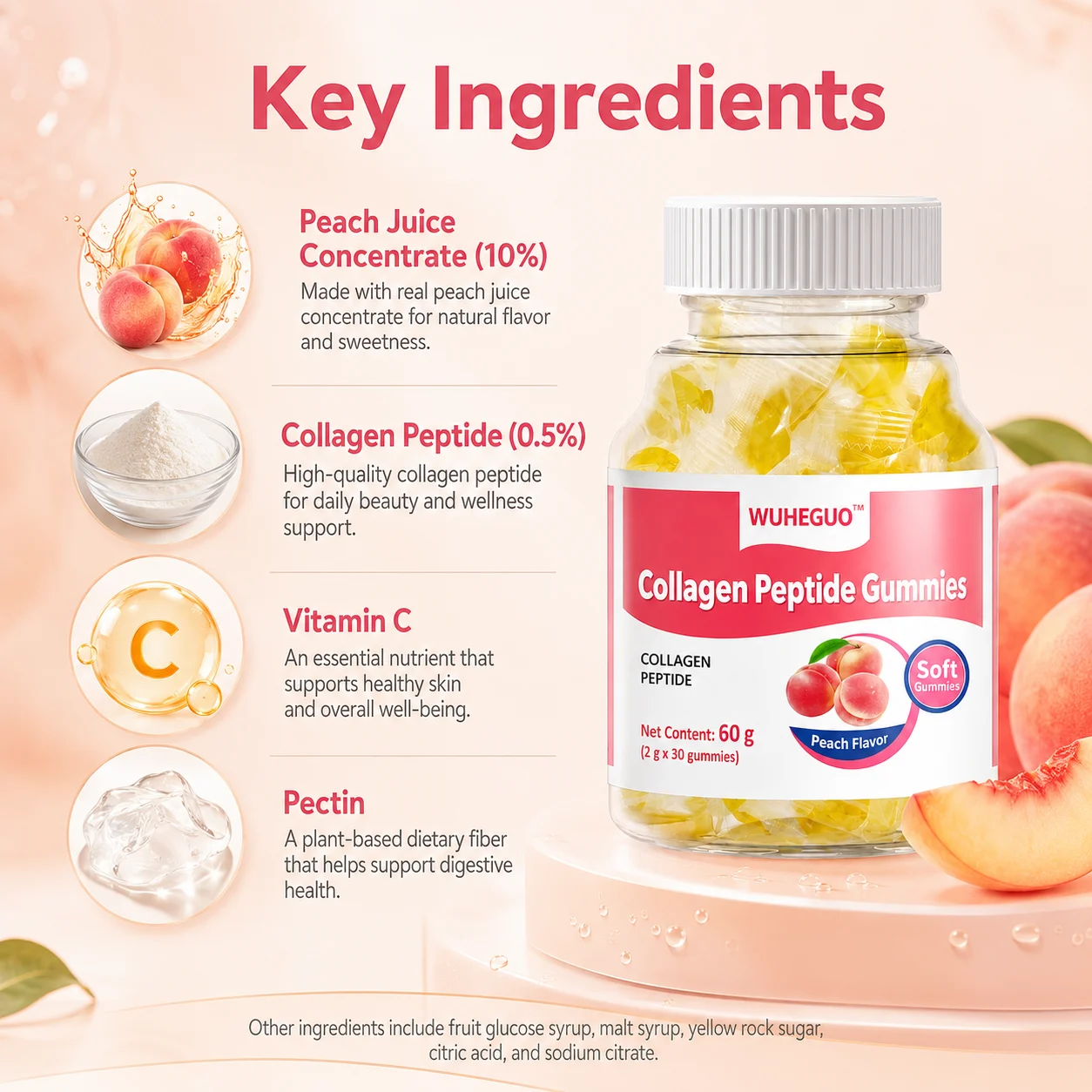WUHEGUO Collagen Peptide Gummies – Peach Flavor Soft Gummies for Beauty & Daily Wellness product detail