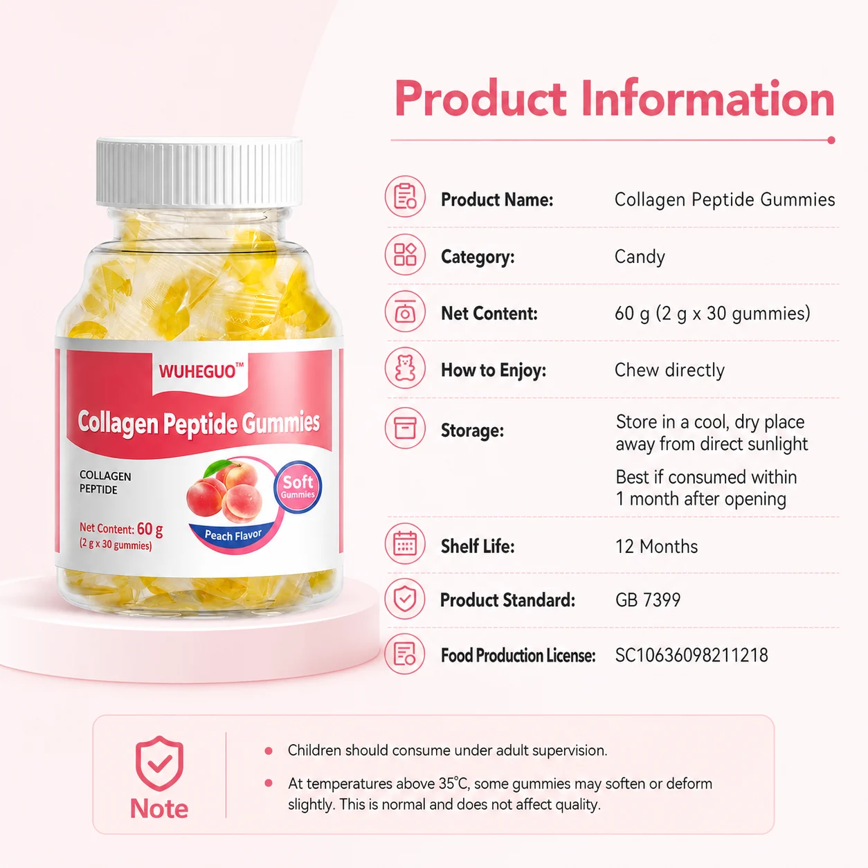 WUHEGUO Collagen Peptide Gummies – Peach Flavor Soft Gummies for Beauty & Daily Wellness product detail