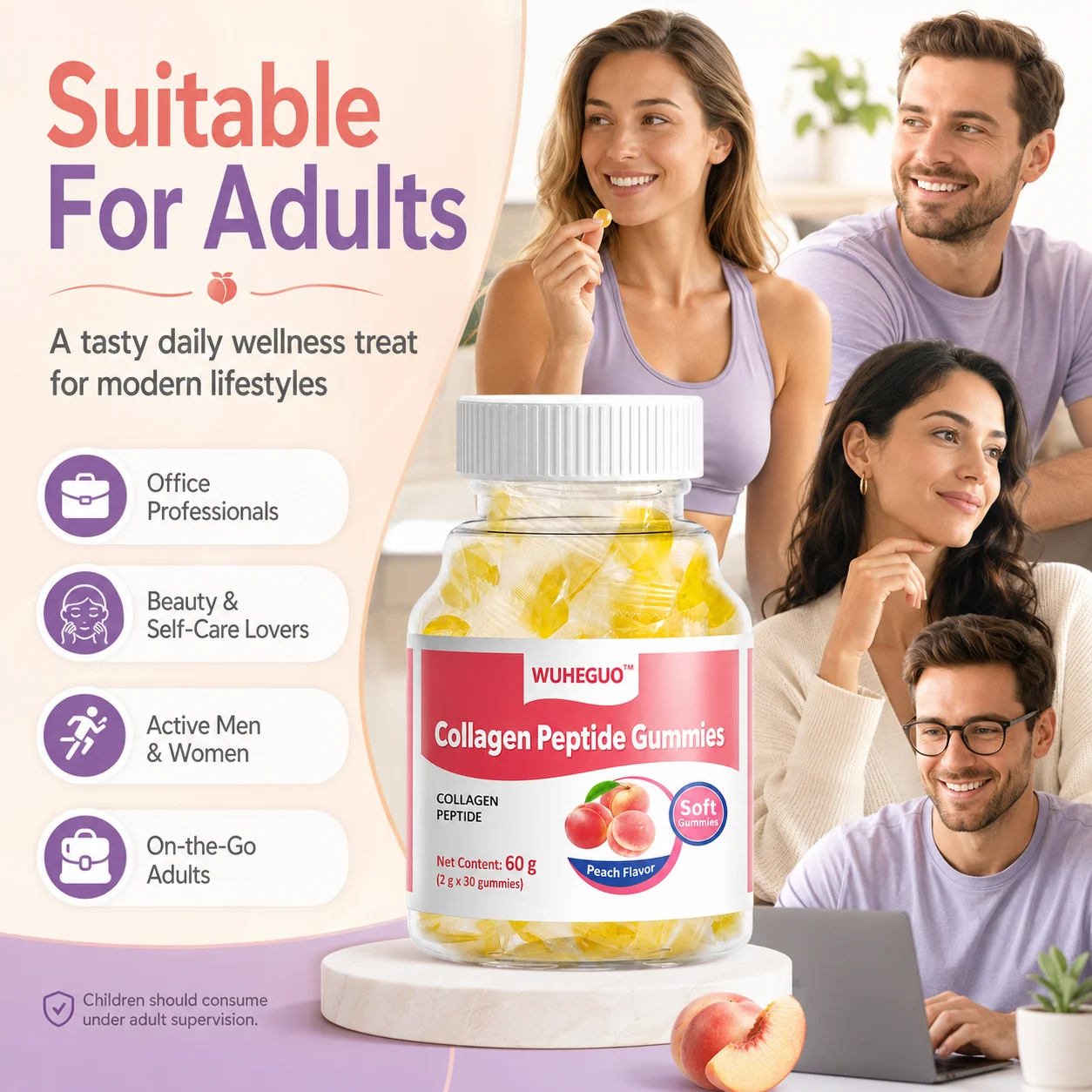 WUHEGUO Collagen Peptide Gummies – Peach Flavor Soft Gummies for Beauty & Daily Wellness product detail