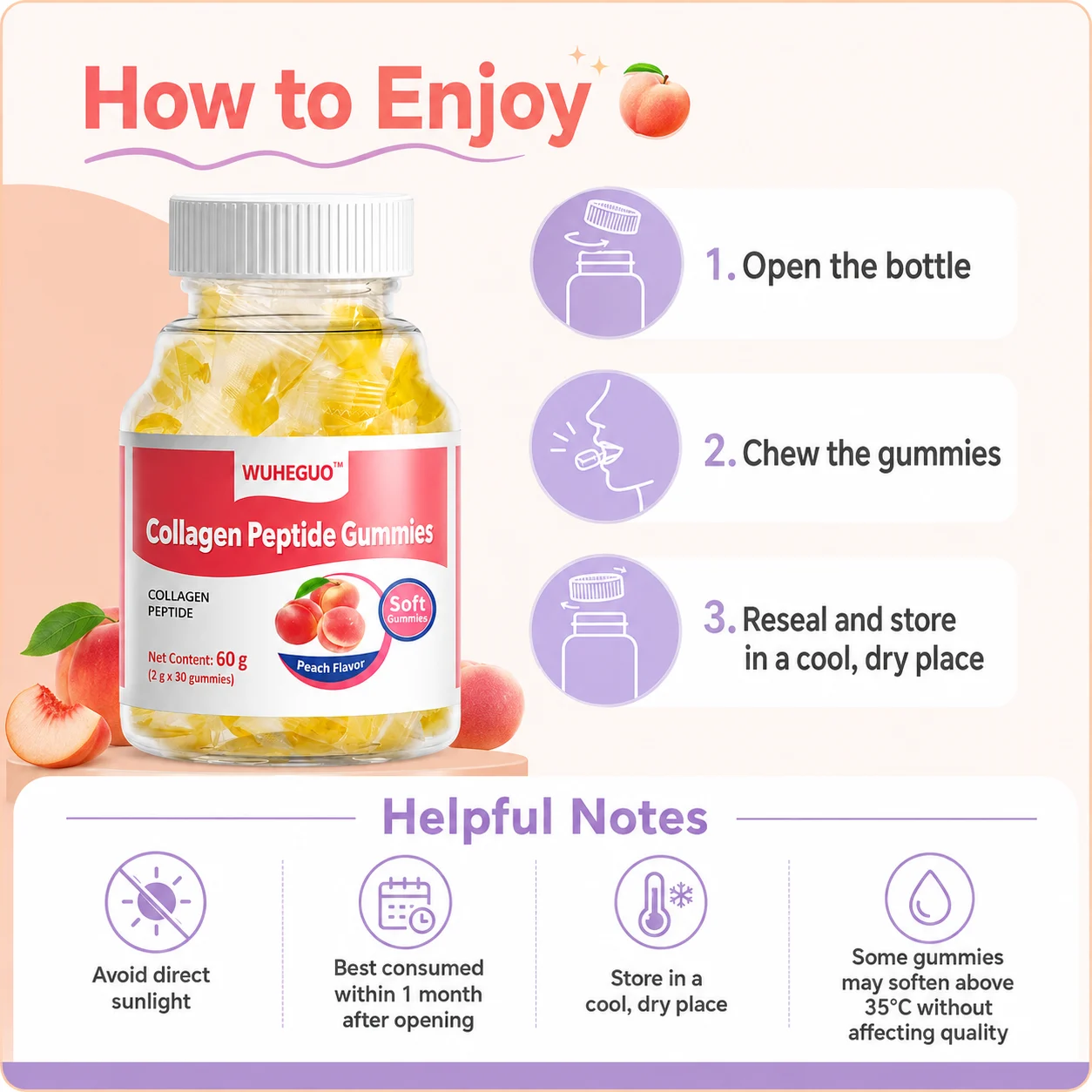WUHEGUO Collagen Peptide Gummies – Peach Flavor Soft Gummies for Beauty & Daily Wellness product detail