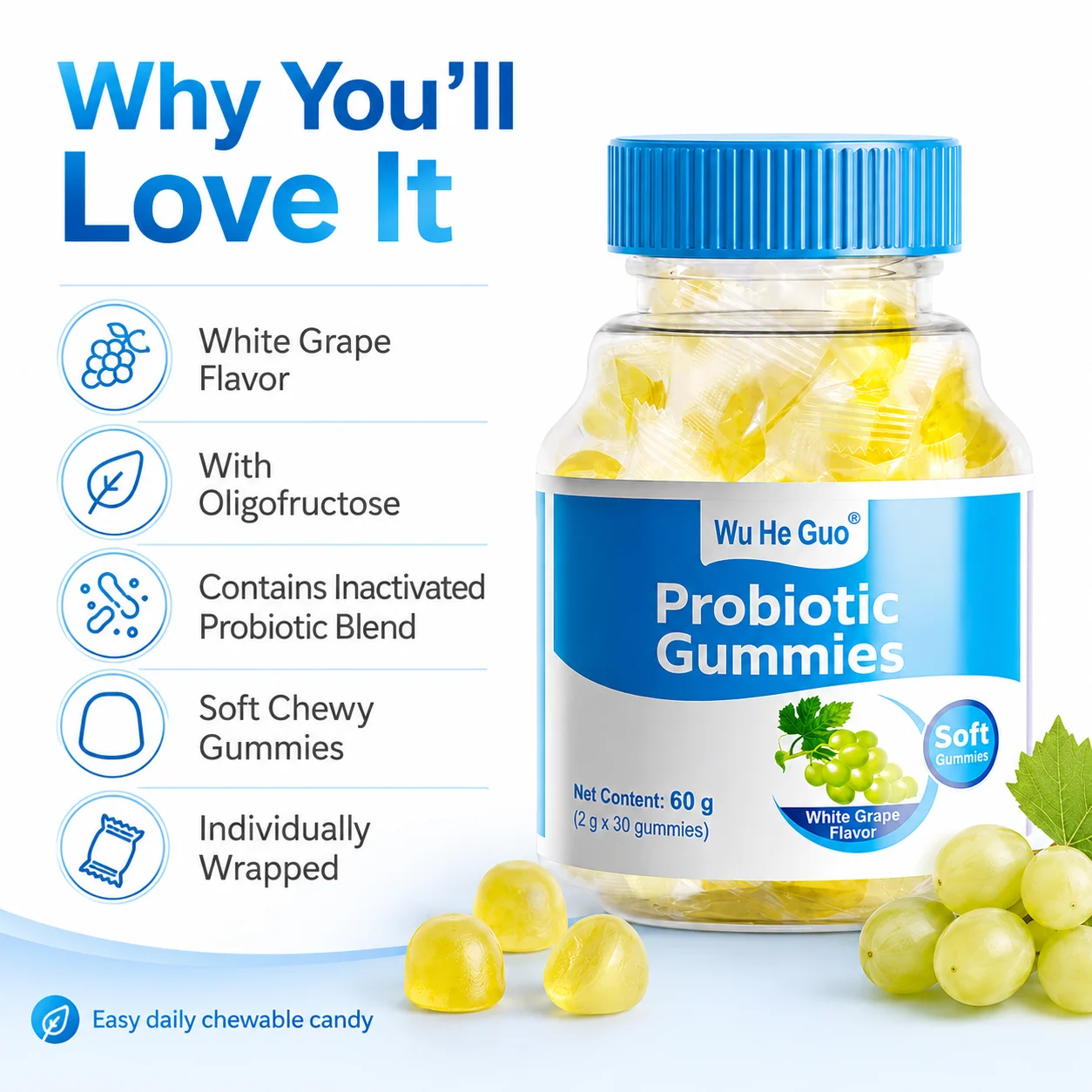 White Grape Probiotic Gummies – Inactivated Probiotic Blend, 60 g / 30 Gummies product detail