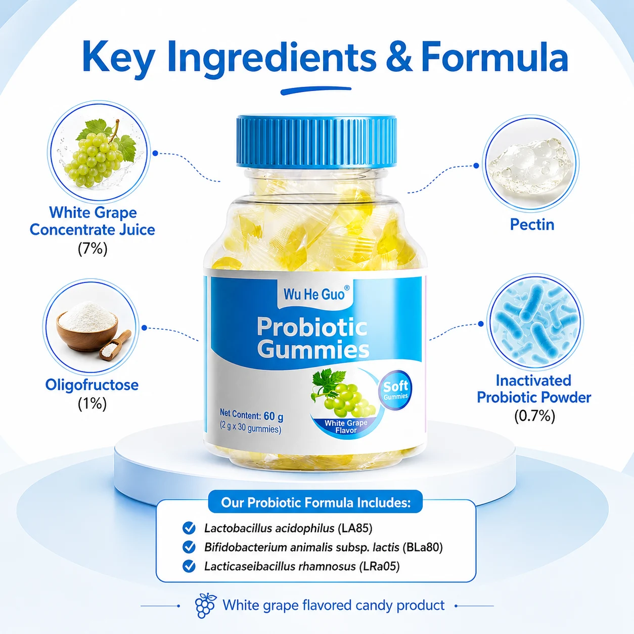 White Grape Probiotic Gummies – Inactivated Probiotic Blend, 60 g / 30 Gummies product detail