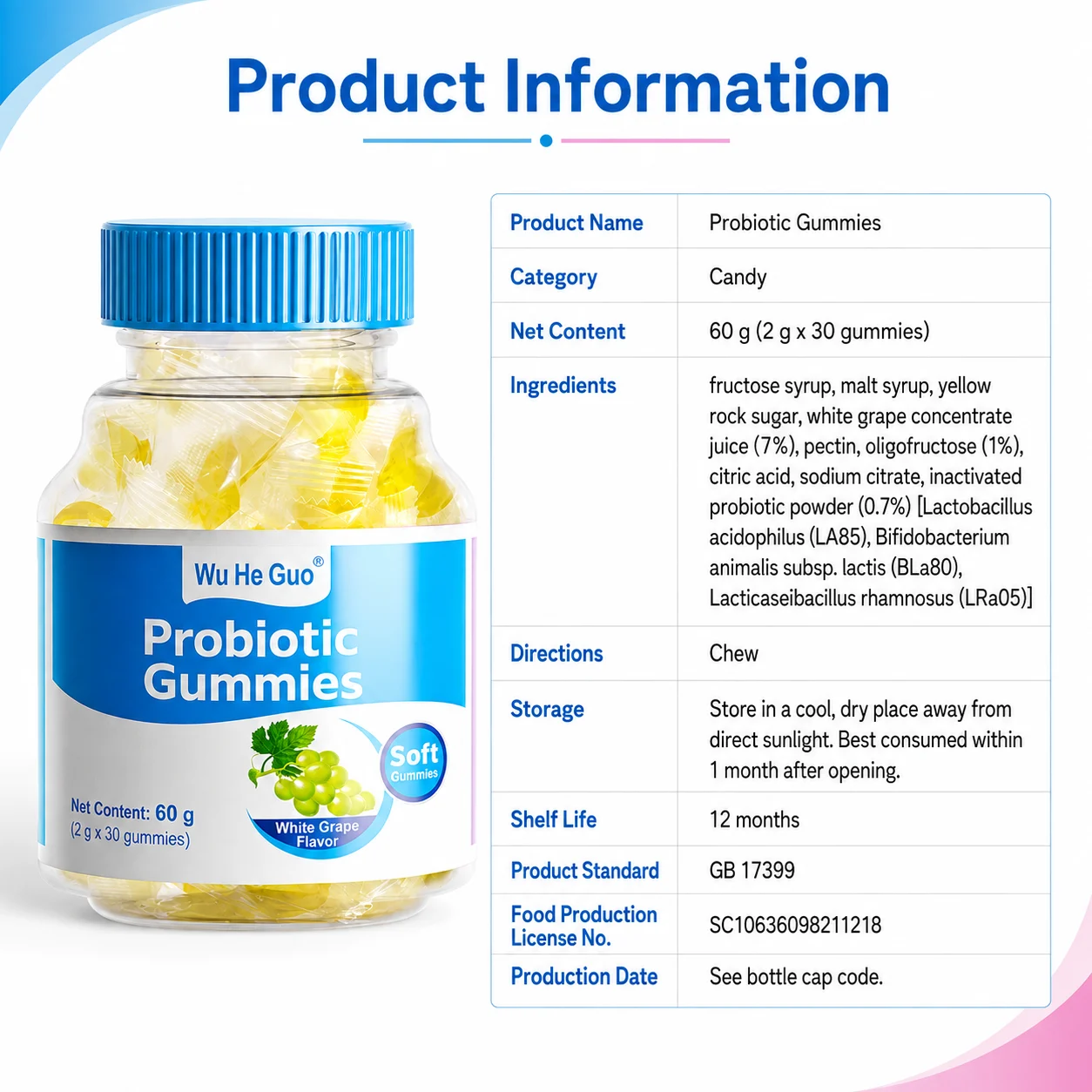 White Grape Probiotic Gummies – Inactivated Probiotic Blend, 60 g / 30 Gummies product detail