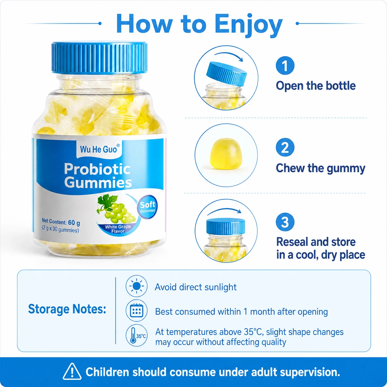White Grape Probiotic Gummies – Inactivated Probiotic Blend, 60 g / 30 Gummies product detail