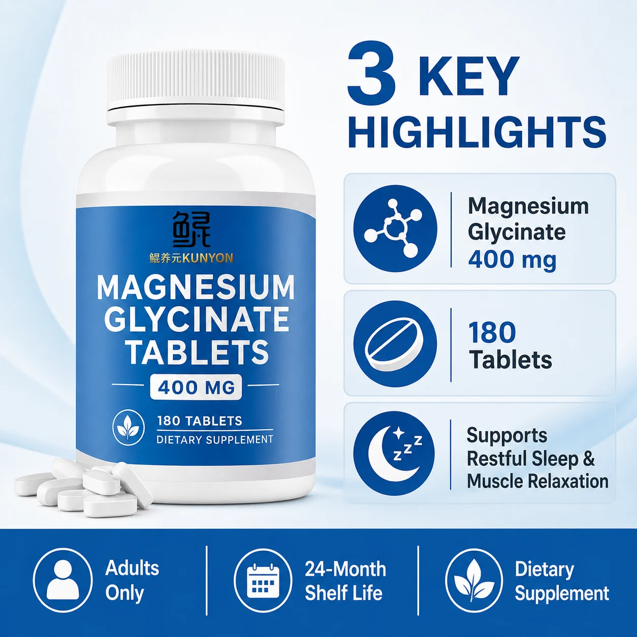 KUNYON Magnesium Glycinate Tablets – 400 mg, 180 Tablets product detail