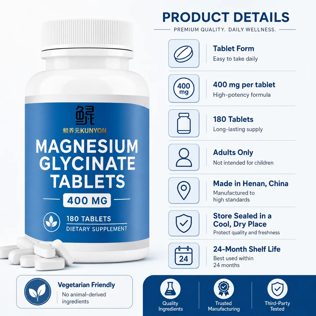 KUNYON Magnesium Glycinate Tablets – 400 mg, 180 Tablets product detail