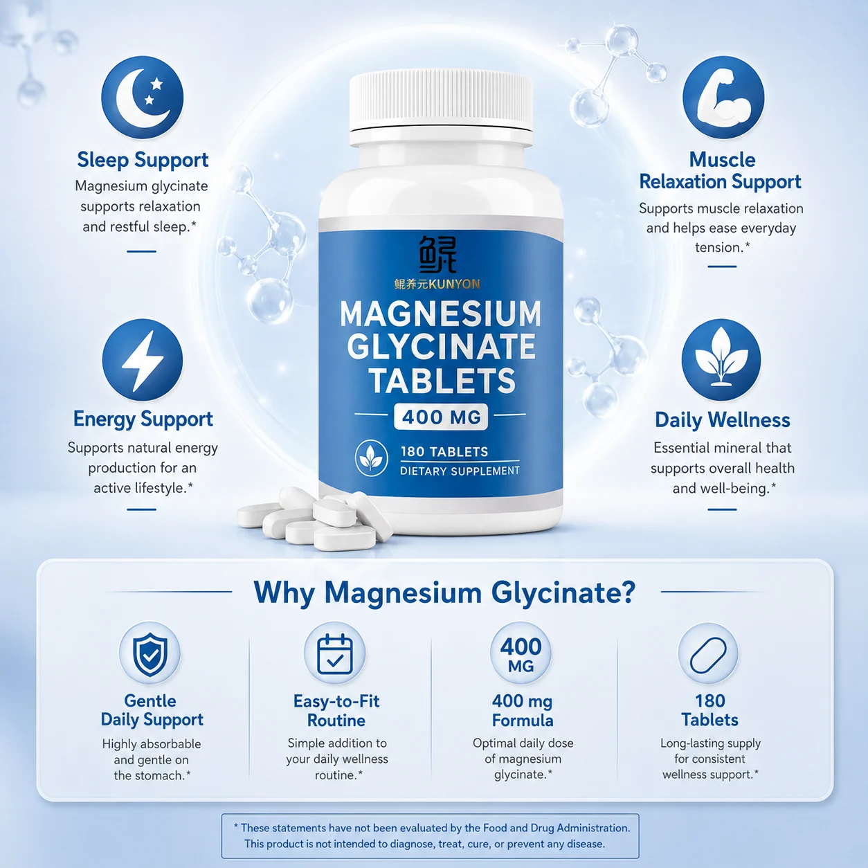 KUNYON Magnesium Glycinate Tablets – 400 mg, 180 Tablets product detail