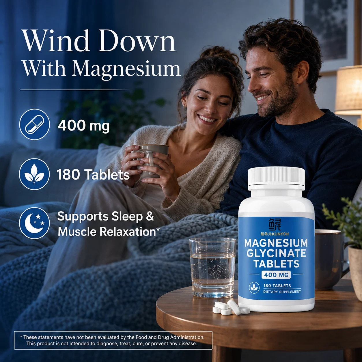 KUNYON Magnesium Glycinate Tablets – 400 mg, 180 Tablets product detail