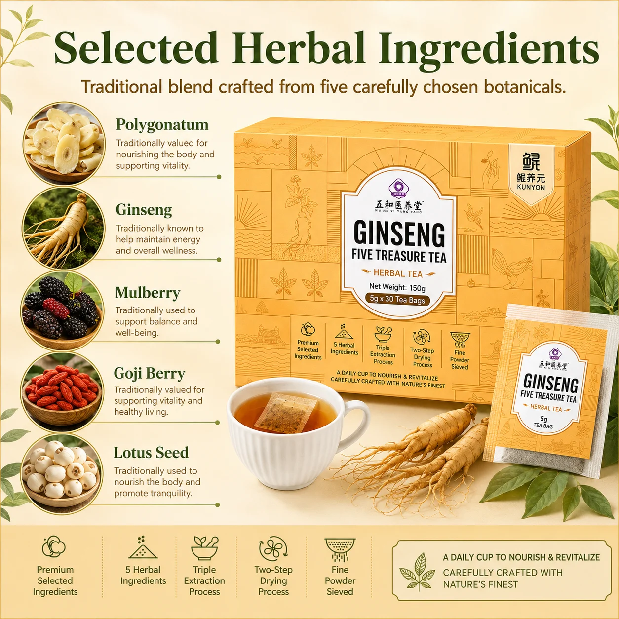 Ginseng Five Treasure Tea – Premium Herbal Botanical Blend Tea product detail