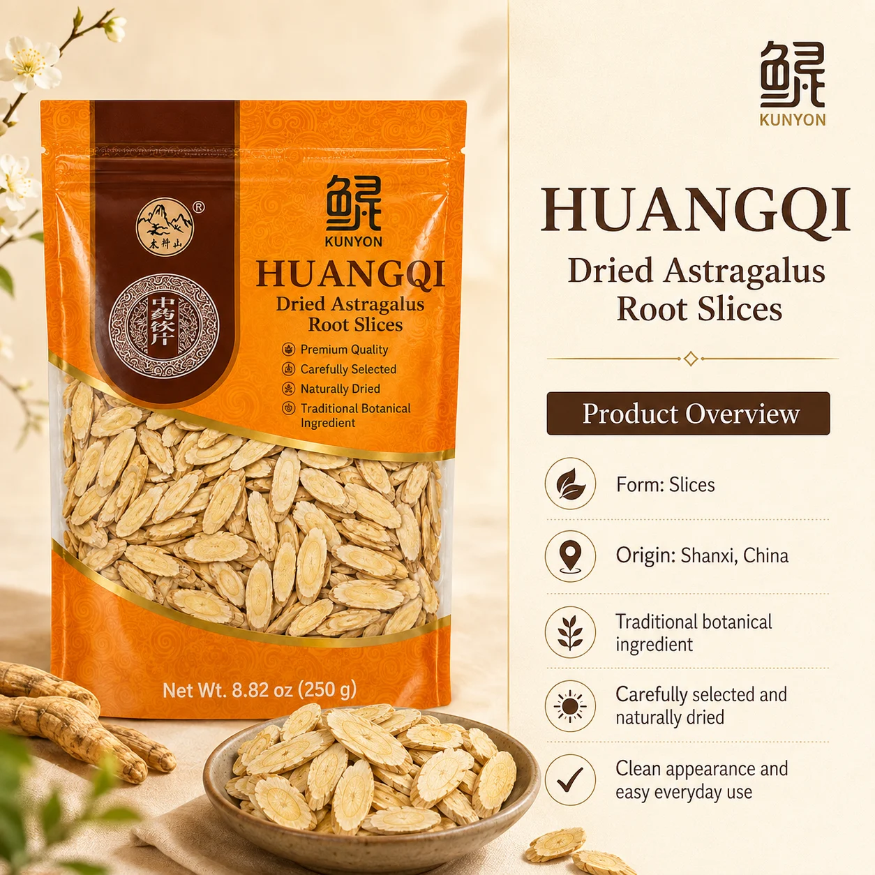 KUNYON Huangqi Dried Astragalus Root Slices 250g product detail