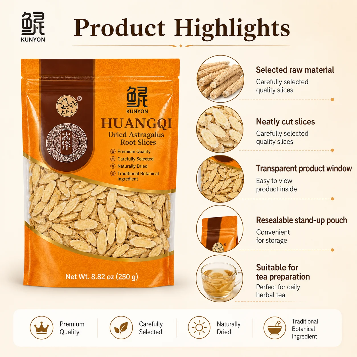KUNYON Huangqi Dried Astragalus Root Slices 250g product detail