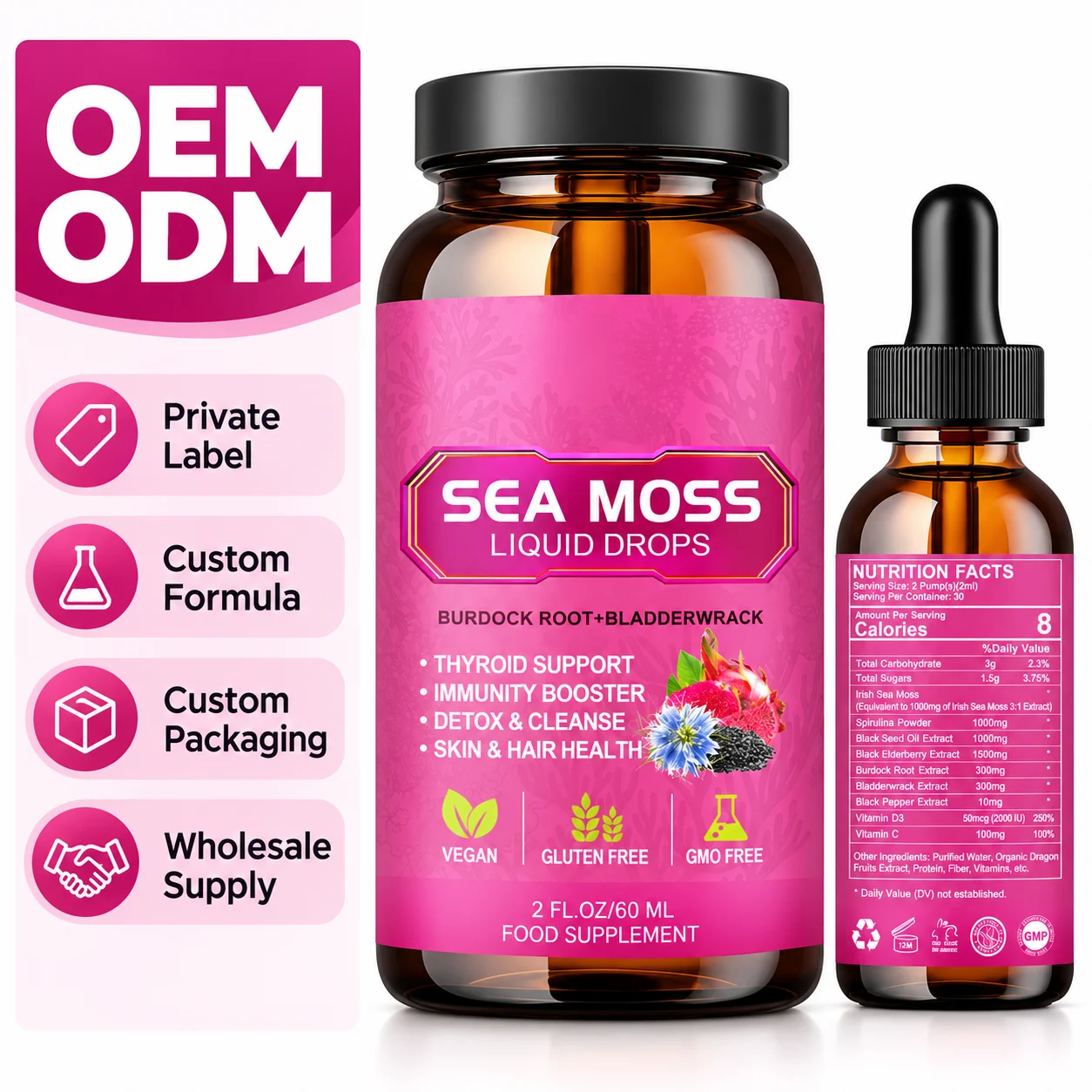Sea Moss Liquid Drops with Burdock Root and Bladderwrack 60ML Vegan Herbal Dietary Supplement Immune Wellness Daily Support OEM ODM Private Label