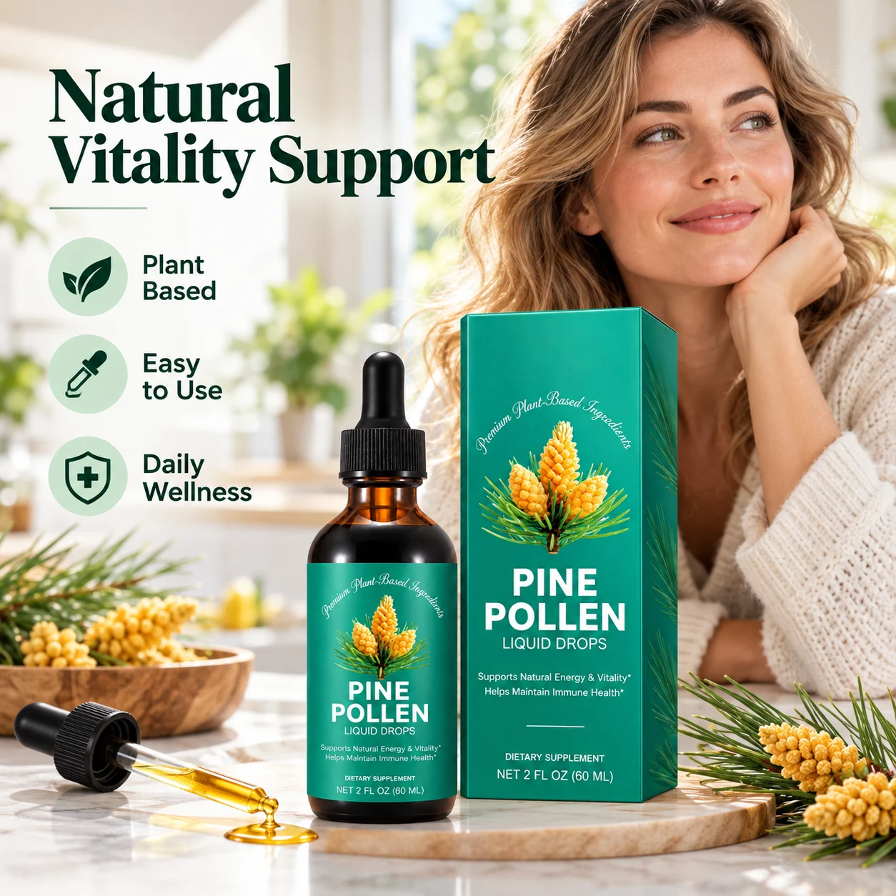Pine Pollen Liquid Drops Plant Based Dietary Supplement OEM ODM Private Label product detail