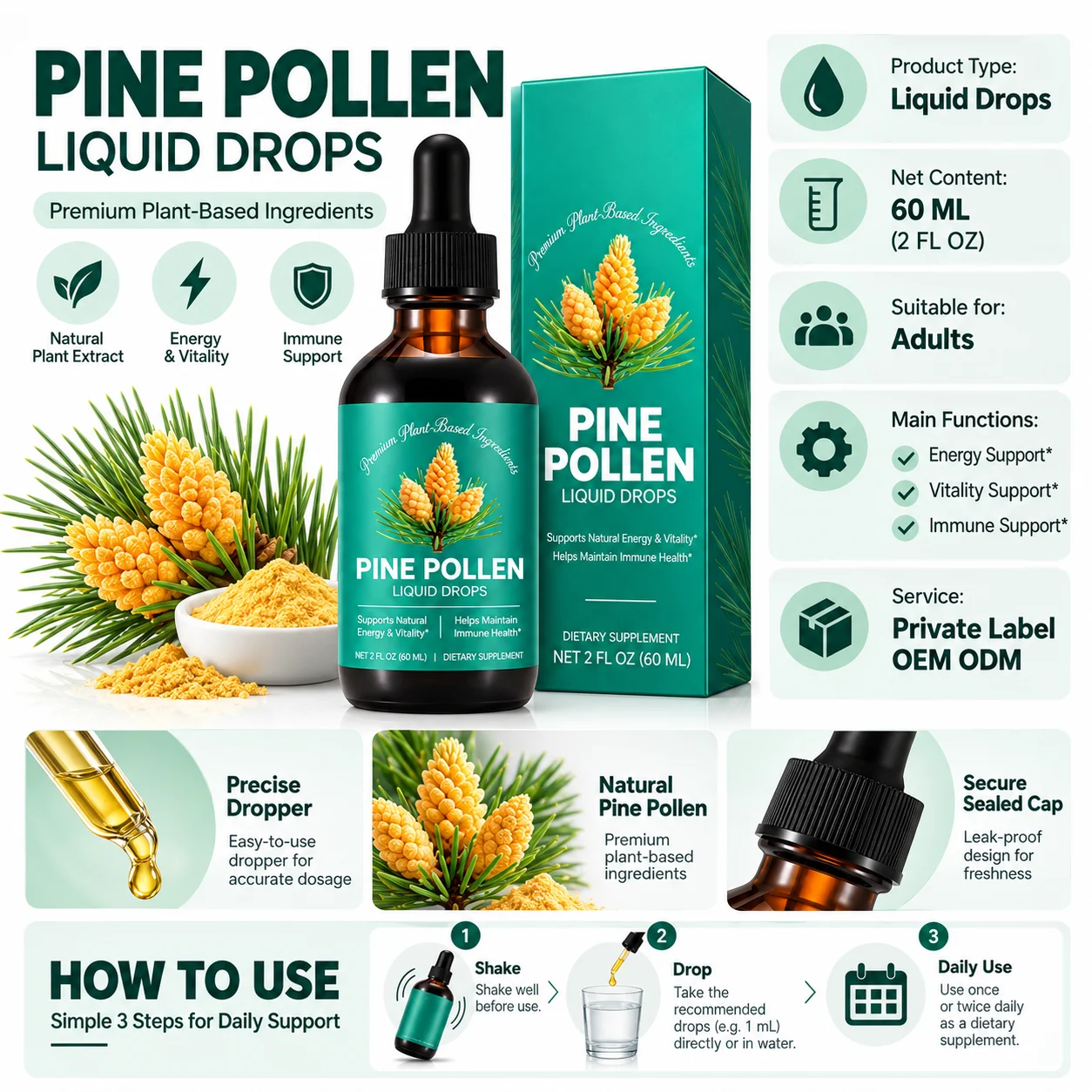 Pine Pollen Liquid Drops Plant Based Dietary Supplement OEM ODM Private Label product detail