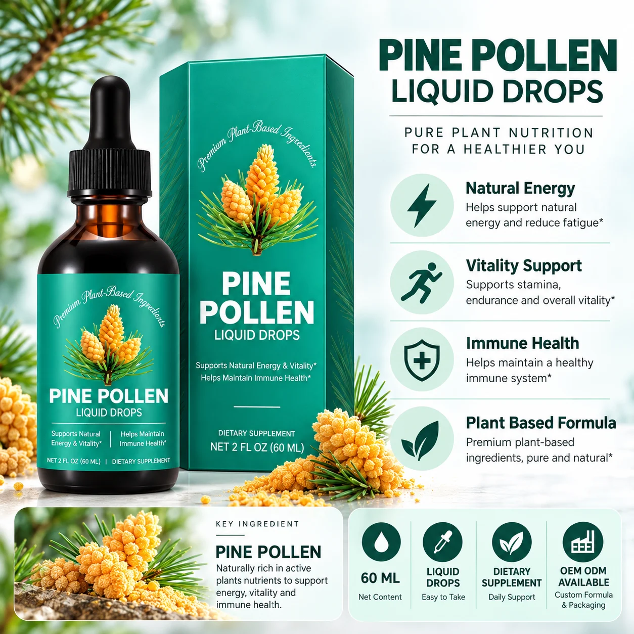 Pine Pollen Liquid Drops Plant Based Dietary Supplement OEM ODM Private Label product detail