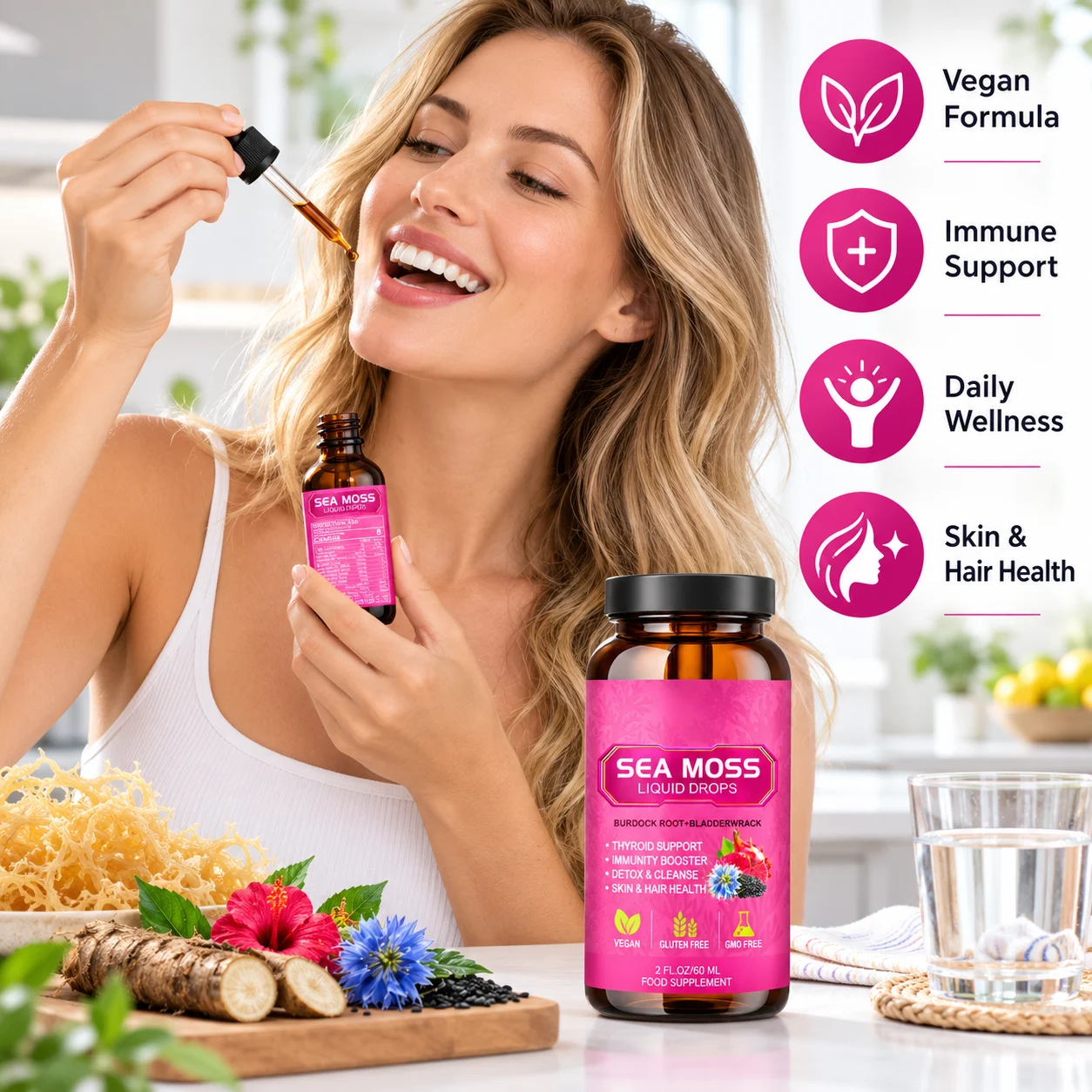 Sea Moss Liquid Drops with Burdock Root and Bladderwrack 60ML Vegan Herbal Dietary Supplement Immune Wellness Daily Support OEM ODM Private Label product detail