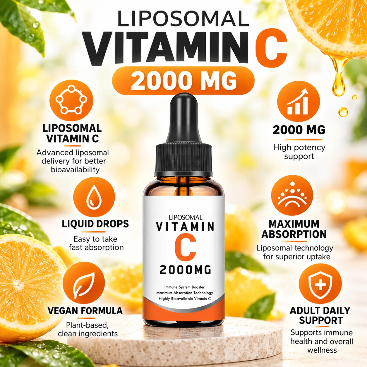 Liposomal Vitamin C 2000MG Liquid Drops Vegan Dietary Supplement OEM ODM Private Label Wholesale Manufacturer product detail