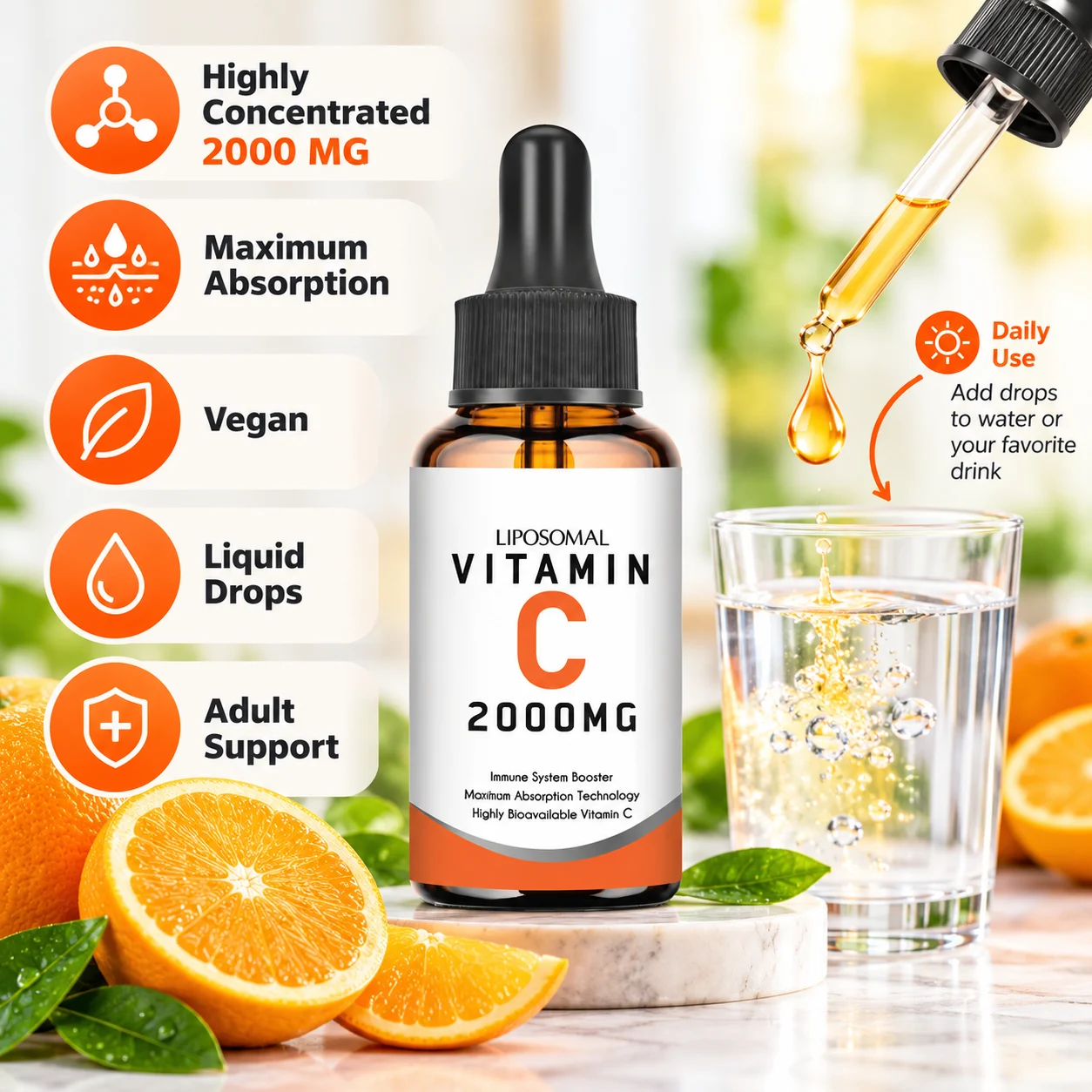 Liposomal Vitamin C 2000MG Liquid Drops Vegan Dietary Supplement OEM ODM Private Label Wholesale Manufacturer product detail