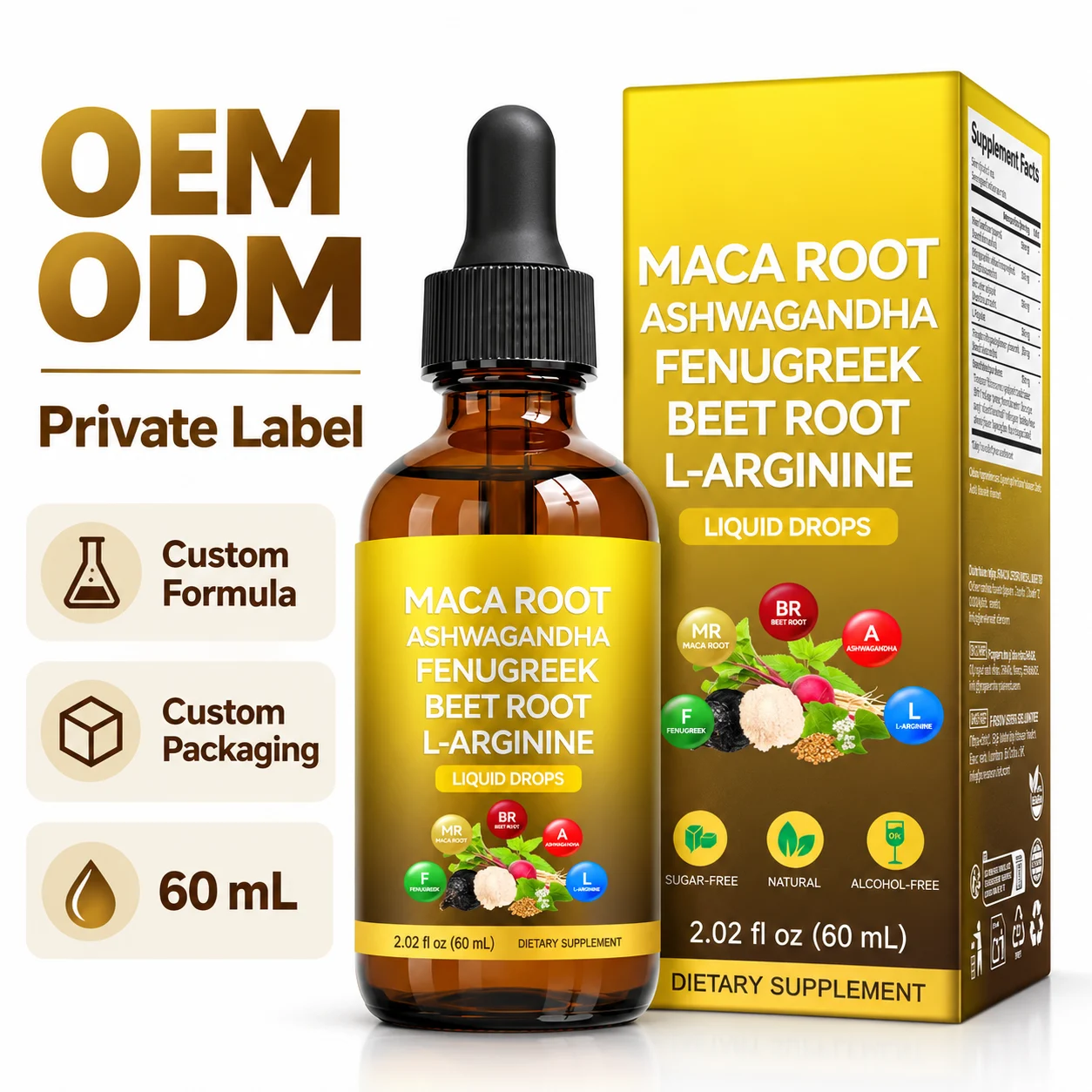 Maca Root Ashwagandha Fenugreek Beet Root L Arginine Liquid Drops 60ML Herbal Supplement OEM ODM Private Label Manufacturer product detail
