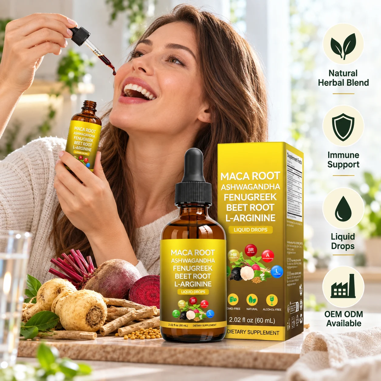 Maca Root Ashwagandha Fenugreek Beet Root L Arginine Liquid Drops 60ML Herbal Supplement OEM ODM Private Label Manufacturer product detail