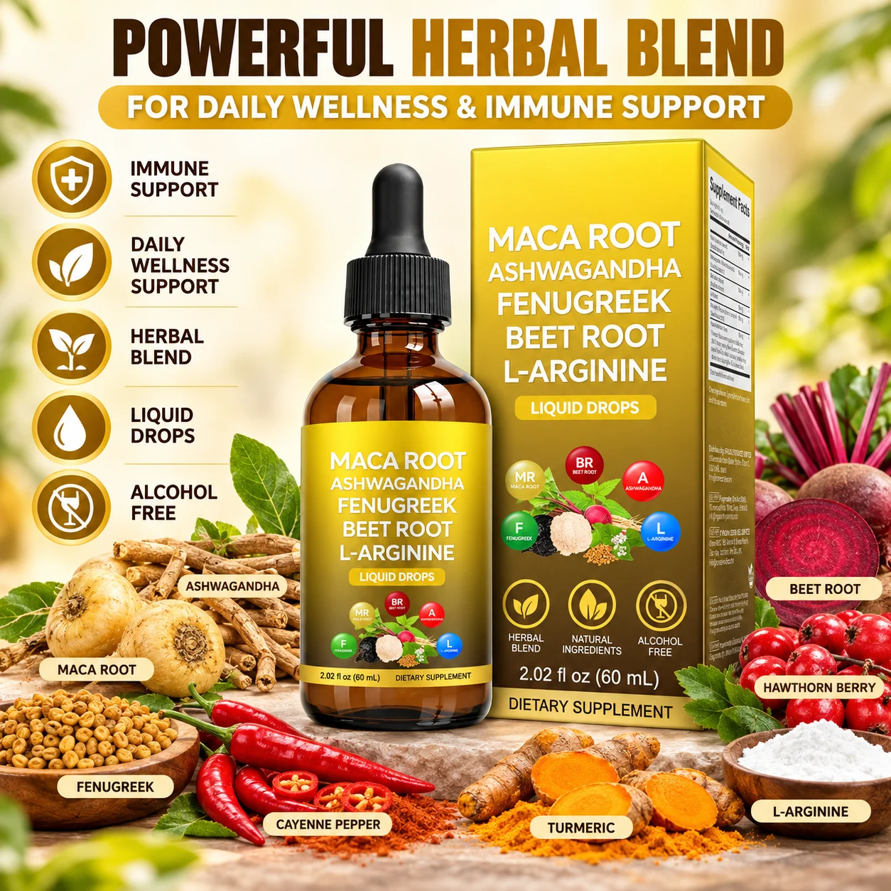 Maca Root Ashwagandha Fenugreek Beet Root L Arginine Liquid Drops 60ML Herbal Supplement OEM ODM Private Label Manufacturer product detail