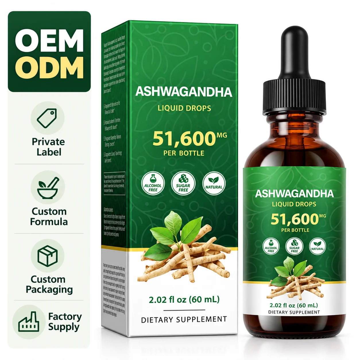 Ashwagandha Liquid Drops 51600MG 60ML Alcohol Free Sugar Free Herbal Supplement OEM ODM Private Label Manufacturer product detail
