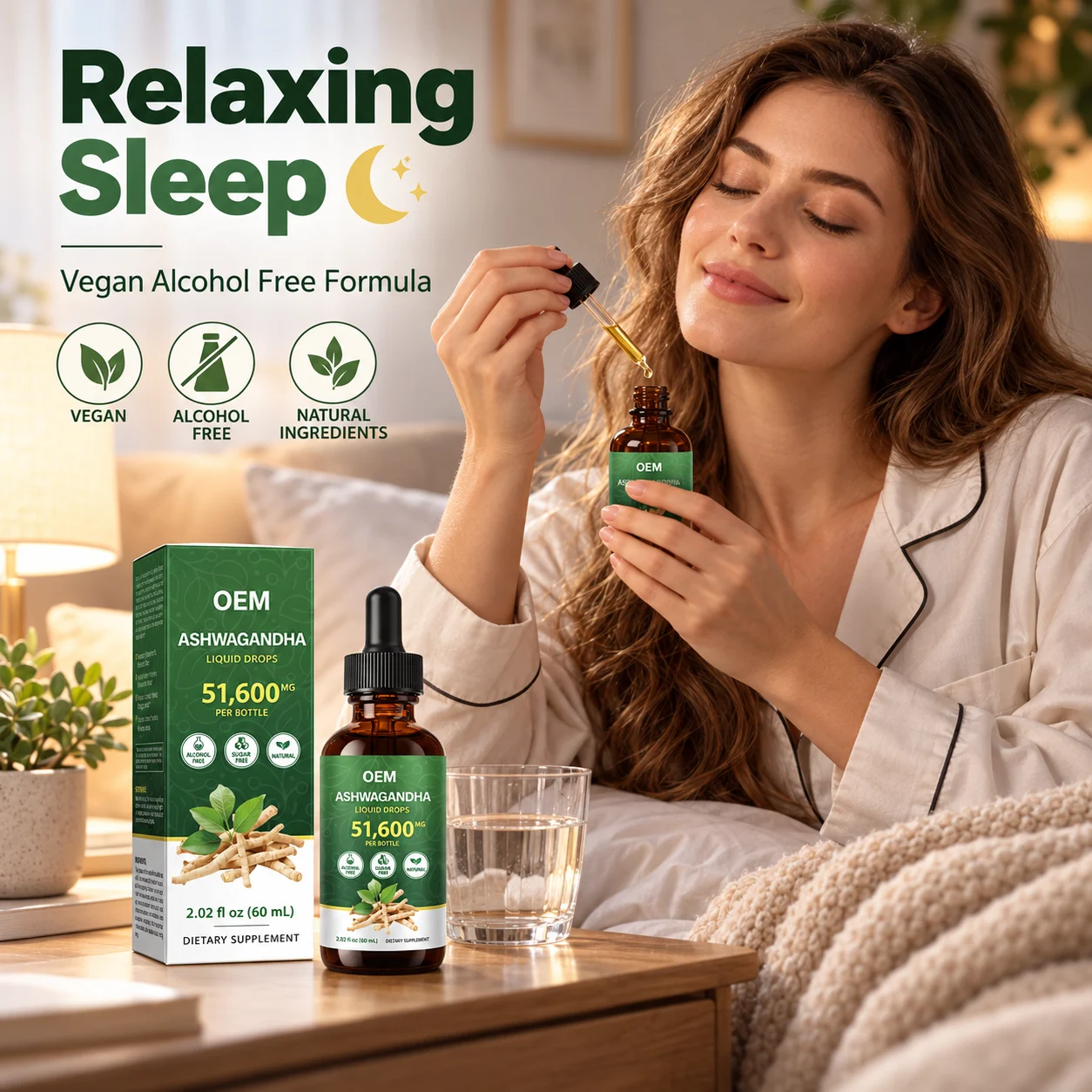 Ashwagandha Liquid Drops 51600MG 60ML Alcohol Free Sugar Free Herbal Supplement OEM ODM Private Label Manufacturer product detail