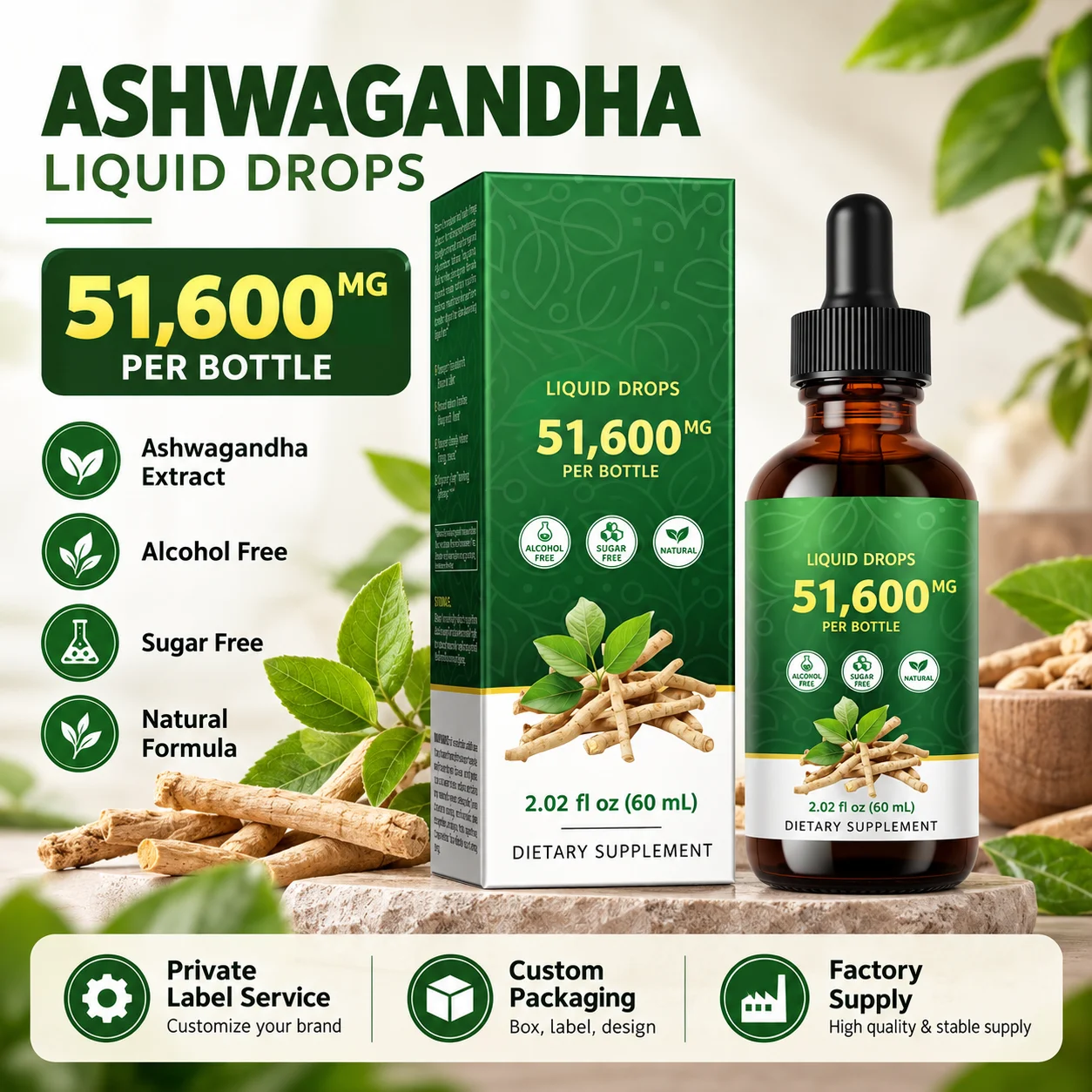 Ashwagandha Liquid Drops 51600MG 60ML Alcohol Free Sugar Free Herbal Supplement OEM ODM Private Label Manufacturer product detail