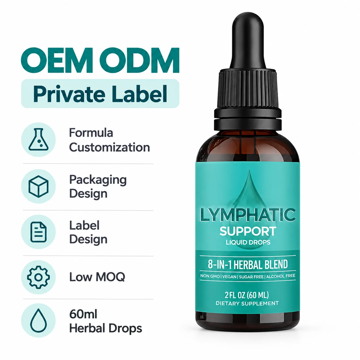 Lymphatic Support Liquid Drops 8 in 1 Herbal Blend 60ML Vegan Sugar Free Alcohol Free OEM ODM Private Label Manufacturer