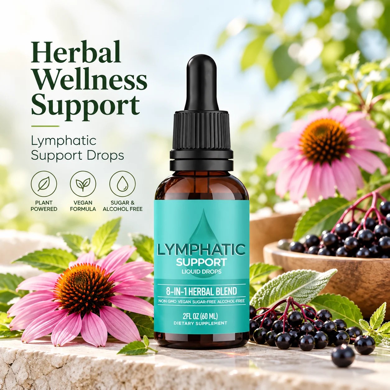 Lymphatic Support Liquid Drops 8 in 1 Herbal Blend 60ML Vegan Sugar Free Alcohol Free OEM ODM Private Label Manufacturer product detail