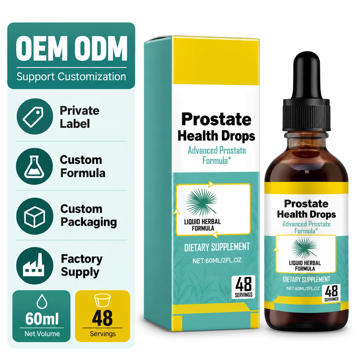 Prostate Health Drops for Men, Saw Palmetto Extract Liquid Herbal Formula, 60ml, 48 Servings, Private Label OEM ODM Dietary Supplement