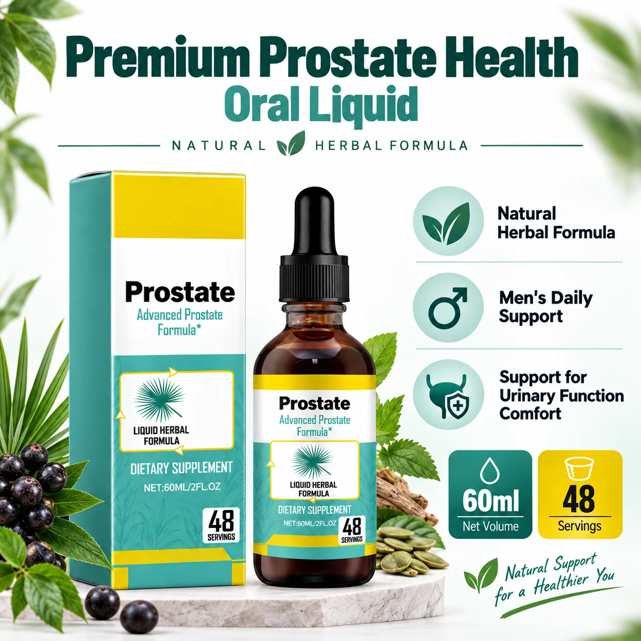 Prostate Health Drops for Men, Saw Palmetto Extract Liquid Herbal Formula, 60ml, 48 Servings, Private Label OEM ODM Dietary Supplement product detail