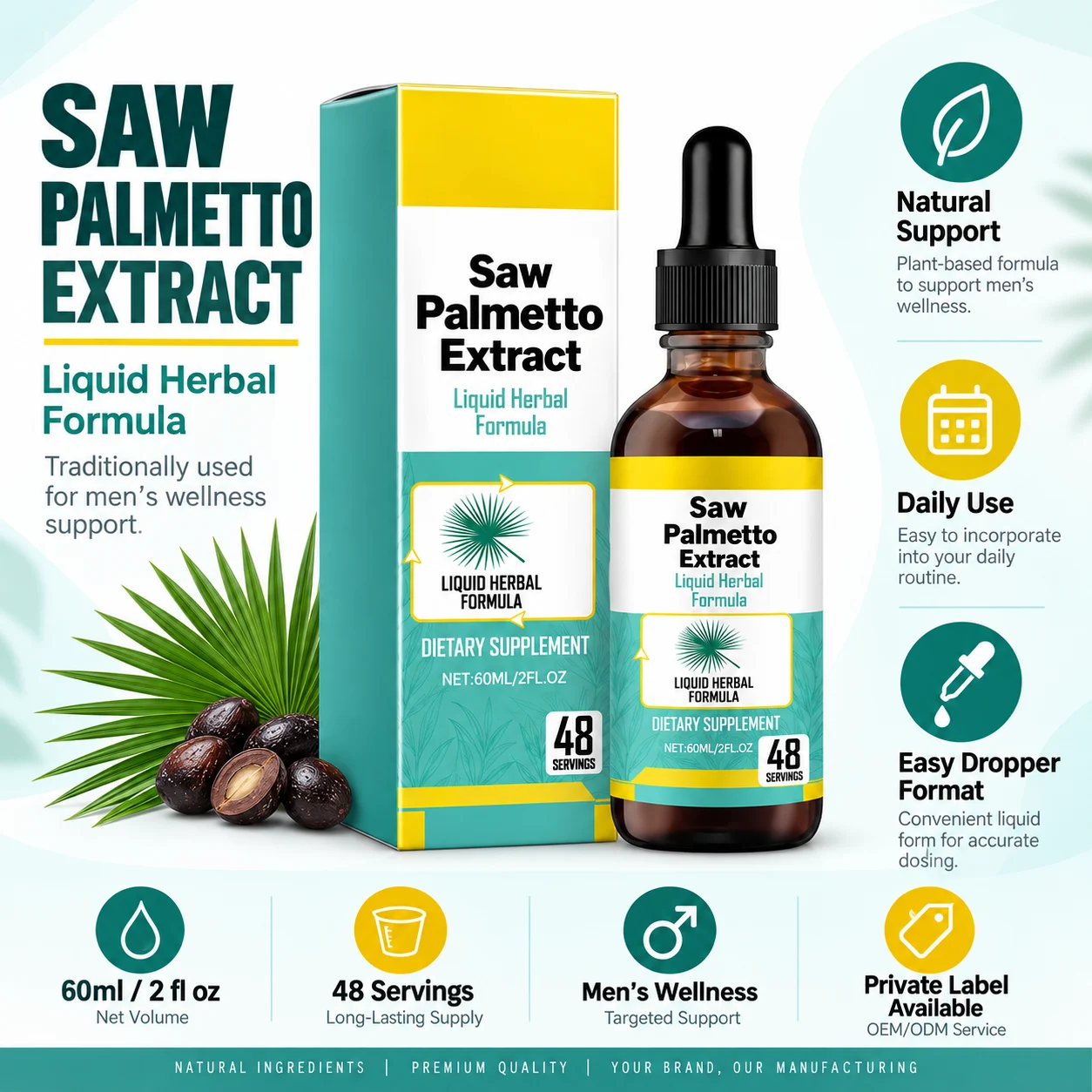 Prostate Health Drops for Men, Saw Palmetto Extract Liquid Herbal Formula, 60ml, 48 Servings, Private Label OEM ODM Dietary Supplement product detail